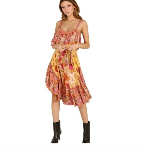 Spell And The Gypsy Siren Song Dress Yellow Flamingo Print Ruffle Size L - Picture 13 of 15